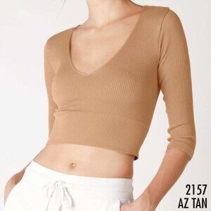 New AZ Tan 3/4 Sleeve Ribbed Crop Top by Nikibiki